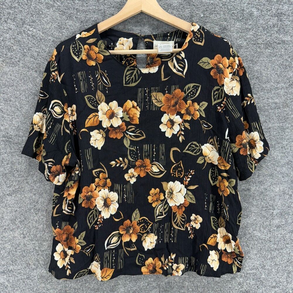 Jaclyn Smith Blouse Women XL Black Floral Short Sleeve Hook & Eye Rayon Casual